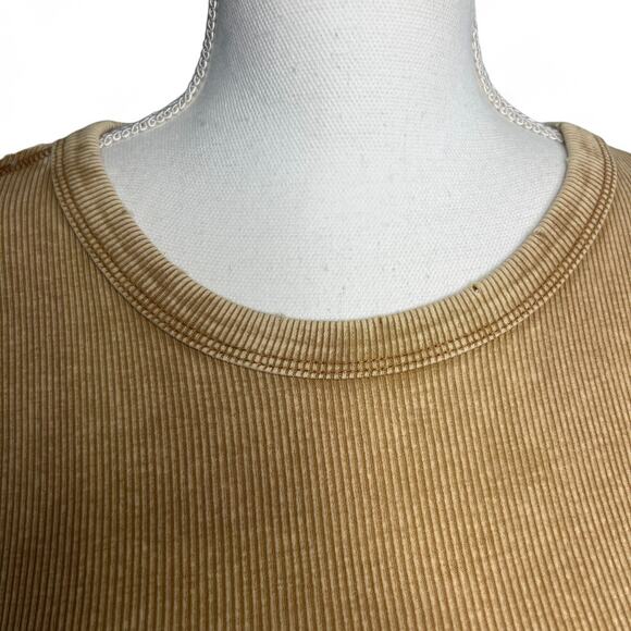 Zara Size Medium Tan Rib Knit Distressed Basic Fitted TShirt Top Cotton Stretch - Picture 10 of 10